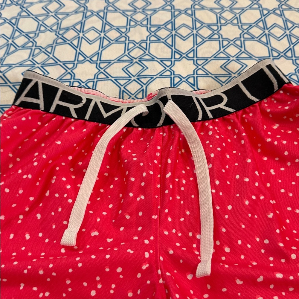Under Armour Youth Athletic Shorts in Pink with White Dots - Picture 2 of 7